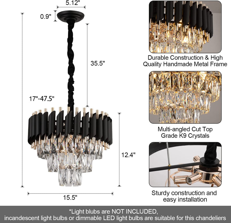 Crystal Chandelier Versailles Petito 3XE14, 30 cm átmérőjű, fényes és fekete arany, állítható magasság