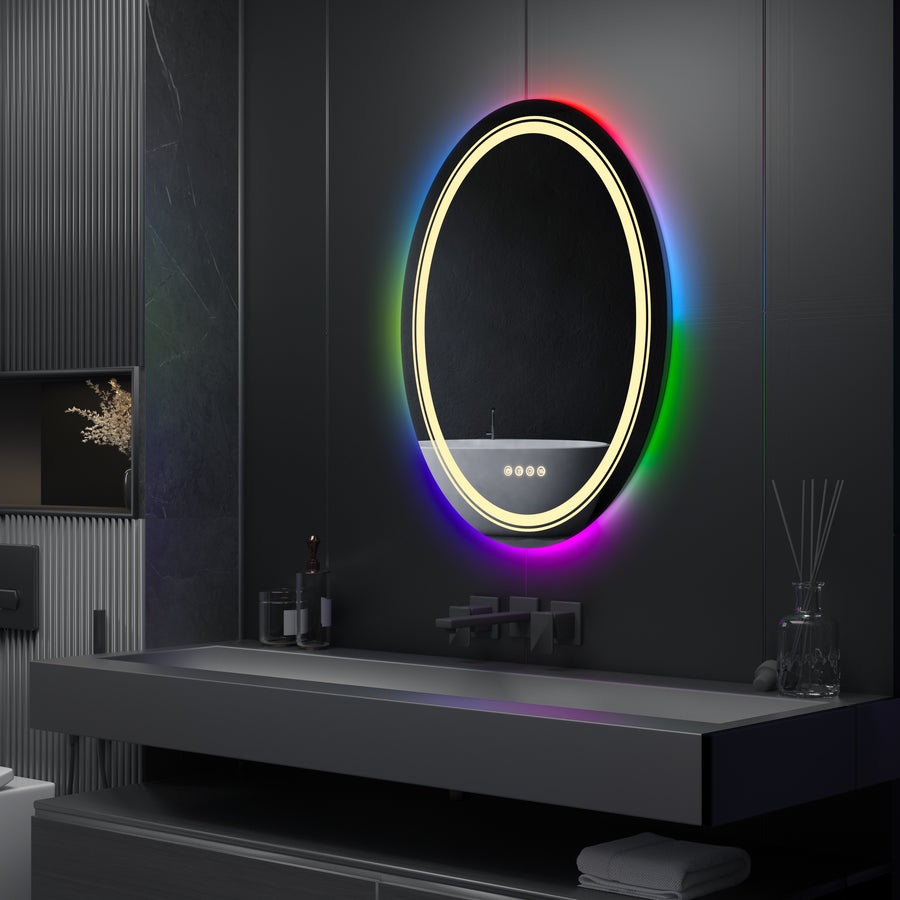 Kerek LED-es tükör, 70 cm, Celeste MotionGlow Marcello, RGB fény, Bluetooth hangszóró, páramentesítő rendszer, óra és hőmérő, szabályozható 70X70BTRGB