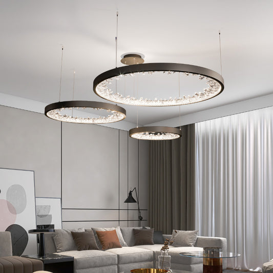 LED -csillár, távirányítóval, K9 kristályokkal, 80W, 3 kör, hideg/forró/semleges fény, instabil, fekete, állítható magasság