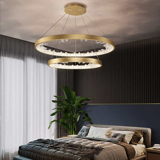 LED -csillár, távirányítóval, K9 kristályokkal, 110W, 2 kör, hideg/forró/semleges fény, instabil, fényes arany, állítható magasság