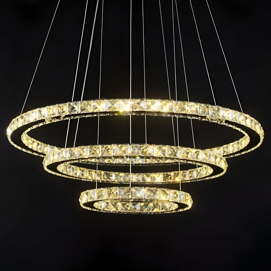 LED -csillár, amelyet távirányítóval és kristályprizma Luminis 78W -vel felfüggesztettek, 3 kör, hideg/forró/semleges fény, százszorszép, ezüst, állítható magasság