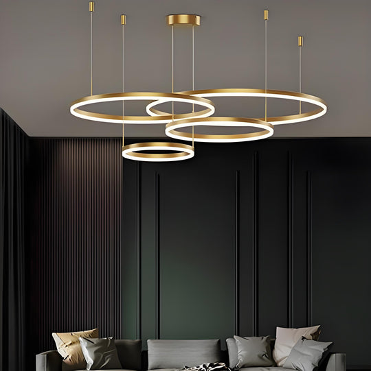 Függesztett LED-csillár távirányítóval LT813/4GD 139W, 4 kör, hideg/meleg/semleges fény, szabályozható, arany, állítható magasságú LED-csillár távirányítóval Alapértelmezett cím Alessandro Design