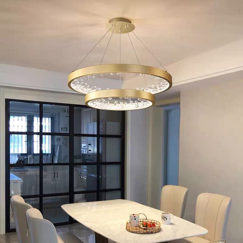 LED -csillár, távirányítóval, K9 kristályokkal, 110W, 2 kör, hideg/forró/semleges fény, instabil, fényes arany, állítható magasság