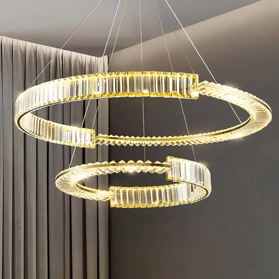 LED -csillár, amelyet távirányítóval és Crystal Prism Royal 200W -vel felfüggesztettek, 2 kör, hideg/forró/semleges fény, százszorszép, arany, állítható magasság