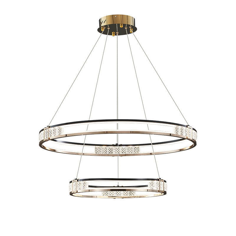 LED -csillár, távirányítóval és Crystal Roger 100W -vel felfüggesztve, 2 kör, hideg/forró/semleges fény, kiszélesedhető, fényes arany, állítható magasság