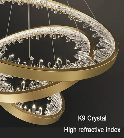 LED -csillár, távirányítóval, K9 kristályokkal, 110W, 2 kör, hideg/forró/semleges fény, instabil, fényes arany, állítható magasság