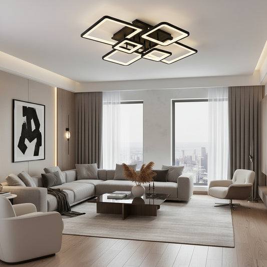 LED csillár távirányítóval ELLA 120W, 6 négyzet, hideg/meleg/semleges fény, szabályozható, fekete, fém és akril