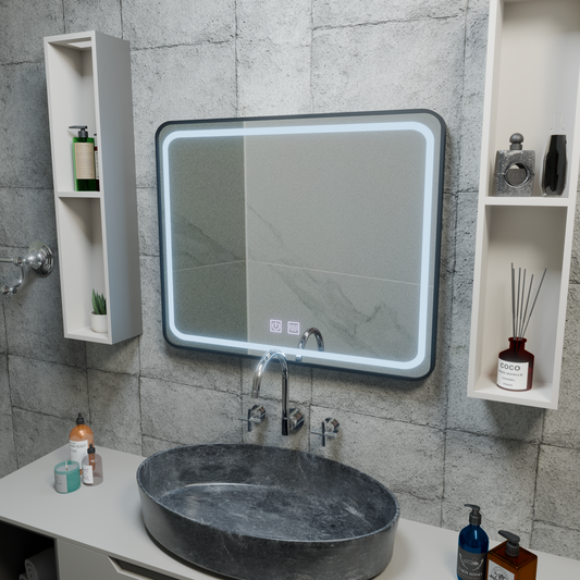 80x60 cm téglalap alakú LED -tükör - él fényes érintőképességi rendszer, fekete keret