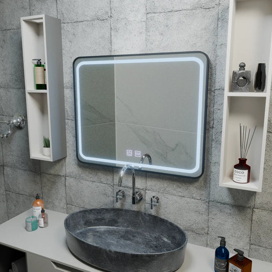 Tükör LED téglalap alakú 90x75cm élű fényszóró -behatolási rendszer, fekete keret