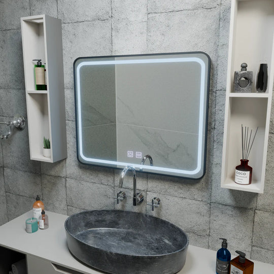 Négyszögletű LED-es tükör 90x75cm EDGE Touch páramentesítő rendszer, fekete keretű tükrök Korman E alapértelmezett cím Alessandro Design