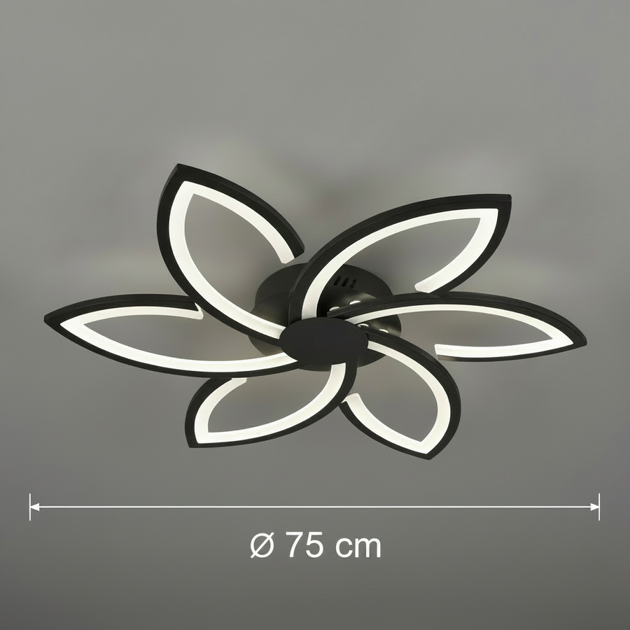 LED csillár távirányítóval és kristály FLORA 82W, 6 szirom, hideg/meleg/semleges fény, szabályozható, fekete