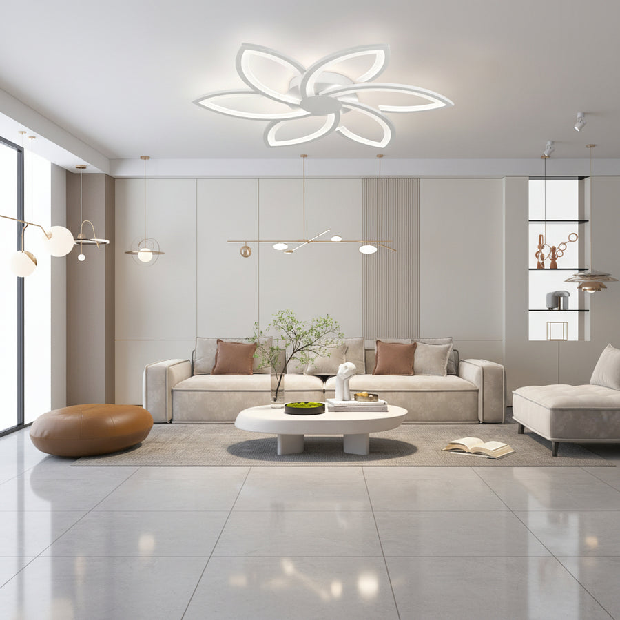 LED csillár távirányítóval és kristály FLORA 82W, 6 szirom, hideg/meleg/semleges fény, szabályozható, fehér