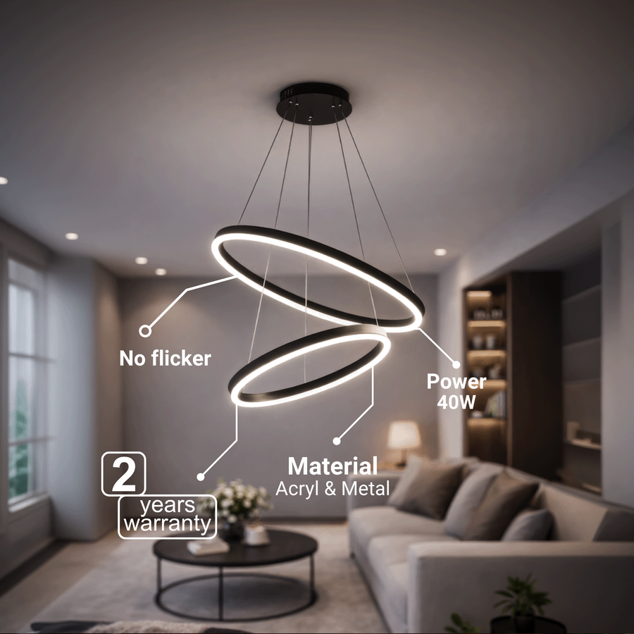 Függesztett LED-csillár távirányítóval CASIANA 40W, 2 kör, hideg/meleg/semleges fény 3000K/4000K/6000K, szabályozható, fekete, állítható magasságú, fém és akril