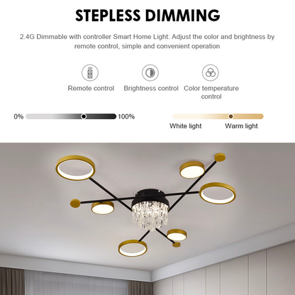 LED -csillár távirányítóval és Guida 38W kristály, 6 elem, hideg/forró/semleges fény, under, aranyfekete