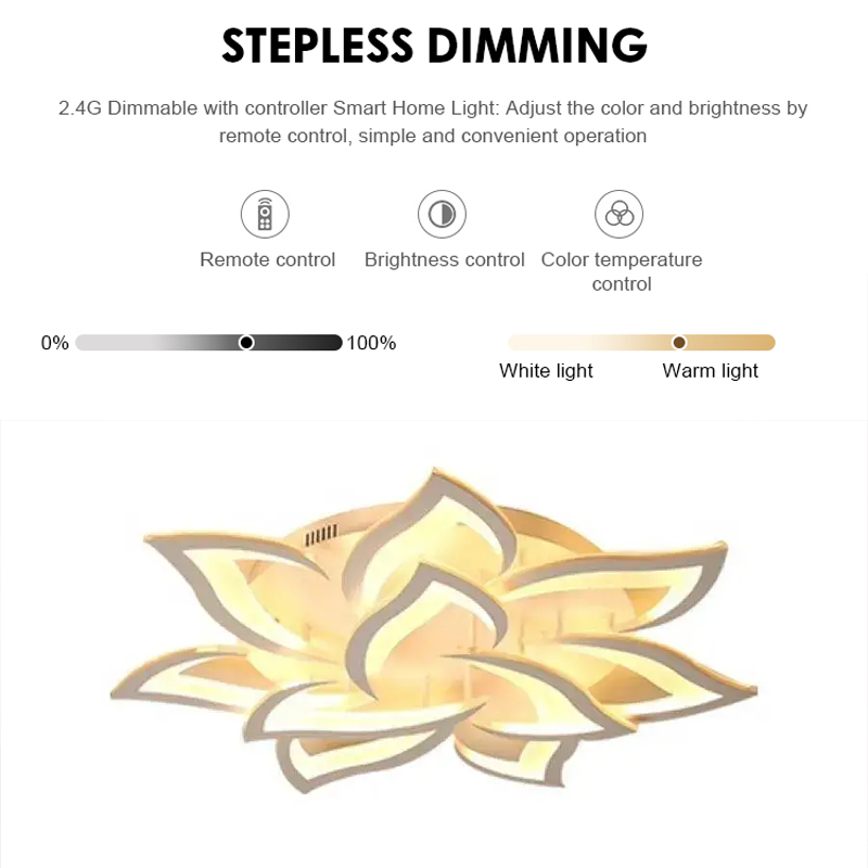 LED csillár távirányítóval LOTUS 92W, 9 szirom, hideg/meleg/semleges fény, szabályozható, fehér