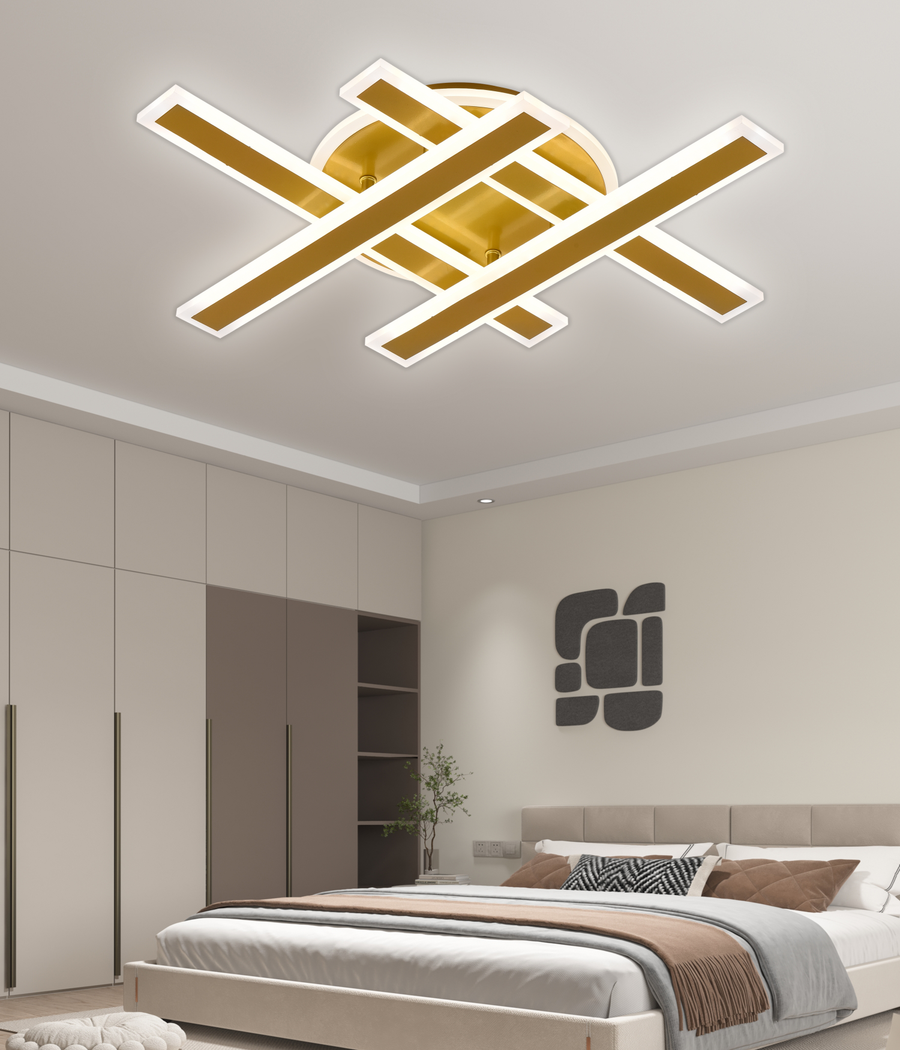 LED csillár távirányítóval LT755/4GD, 85W, 46*5.5*7.5, IP20, hideg/meleg/semleges fény, szabályozható, arany, vas, plexi