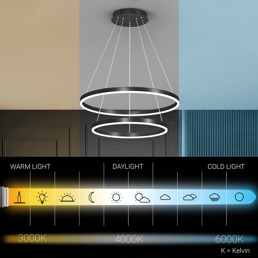 Függesztett LED csillár távirányítóval CASIANA 41W, 2 kör, hideg/meleg/semleges fény, szabályozható, fekete, állítható magasságú
