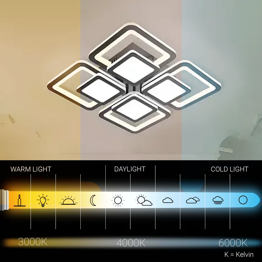 LED csillár távirányítóval SUSAN 96W, 4 négyzet, hideg/meleg/semleges fény, szabályozható, fekete