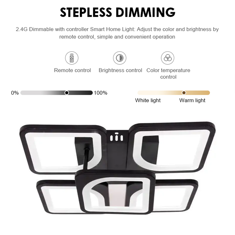 LED -csillár Zoe 68W távirányítóval, 5 négyzet, hideg/forró/semleges fény, instabil, fekete