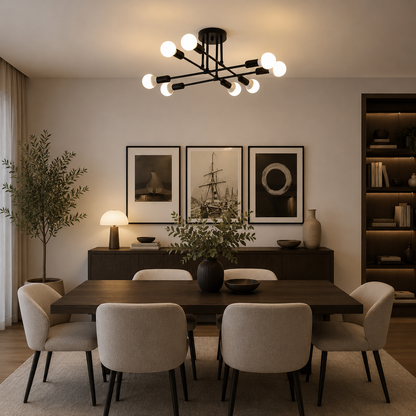 Klasszikus modernista nyolcas csillár, 8x E27, fekete, modern design, fém, lámpaernyő nélkül