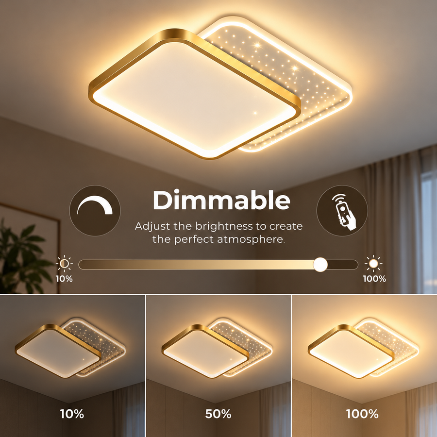 LED csillár távirányítóval GILDRA 48W, 2 négyzet, hideg/meleg/semleges fény, szabályozható, arany