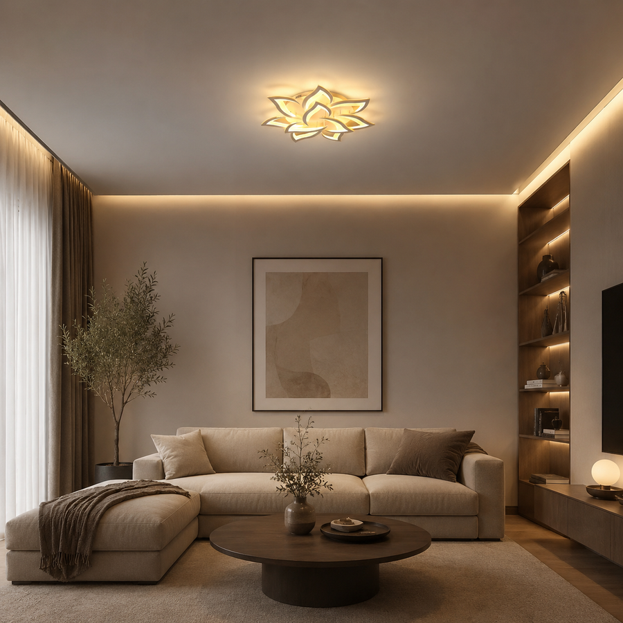 LED csillár távirányítóval LOTUS 91W, 9 szirom, hideg/meleg/semleges fény, szabályozható, fehér