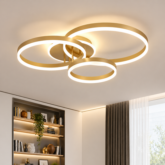 LED csillár távirányítóval RIGA LILITH 68W, 3 kör, hideg/meleg/semleges fény, szabályozható, fényes arany