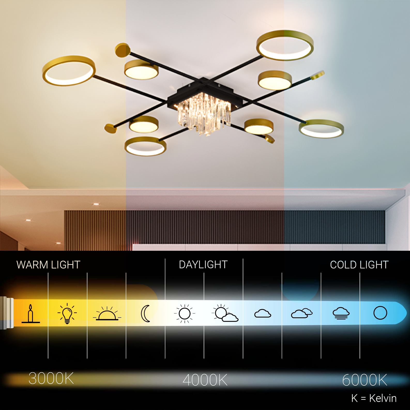 LED csillár távirányítóval és kristály GUIDA 46W, 8 elem, hideg/meleg/semleges fény, szabályozható, fekete arany LED csillárok távirányítóval Alapértelmezett cím Alessandro Design