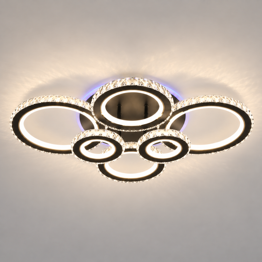 LED csillár távirányítóval és kristály NOVA ROTONDA RGB 145W, 6 kör, hideg/meleg/semleges fény, szabályozható, fekete