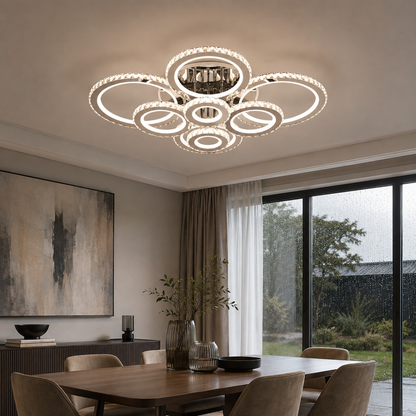 LED csillár távirányítóval és kristály NOVA ROTONDA RGB, 8 kör, hideg/meleg/semleges fény, szabályozható, fényes króm