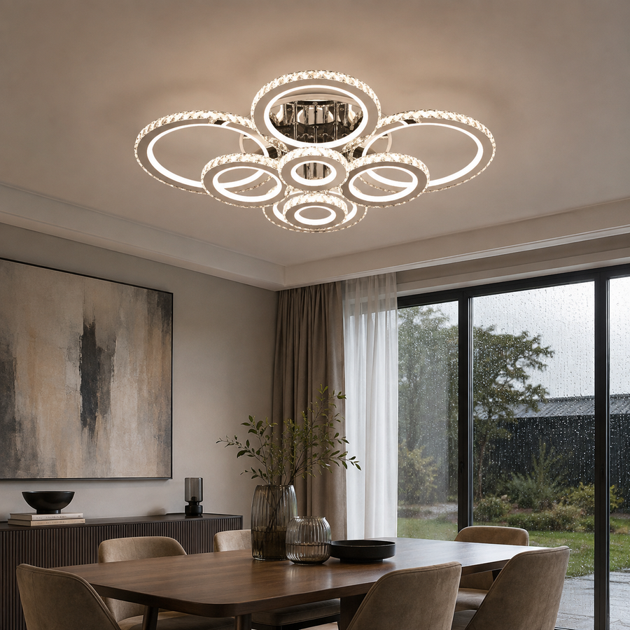LED csillár távirányítóval és kristály NOVA ROTONDA RGB, 8 kör, hideg/meleg/semleges fény, szabályozható, fényes króm