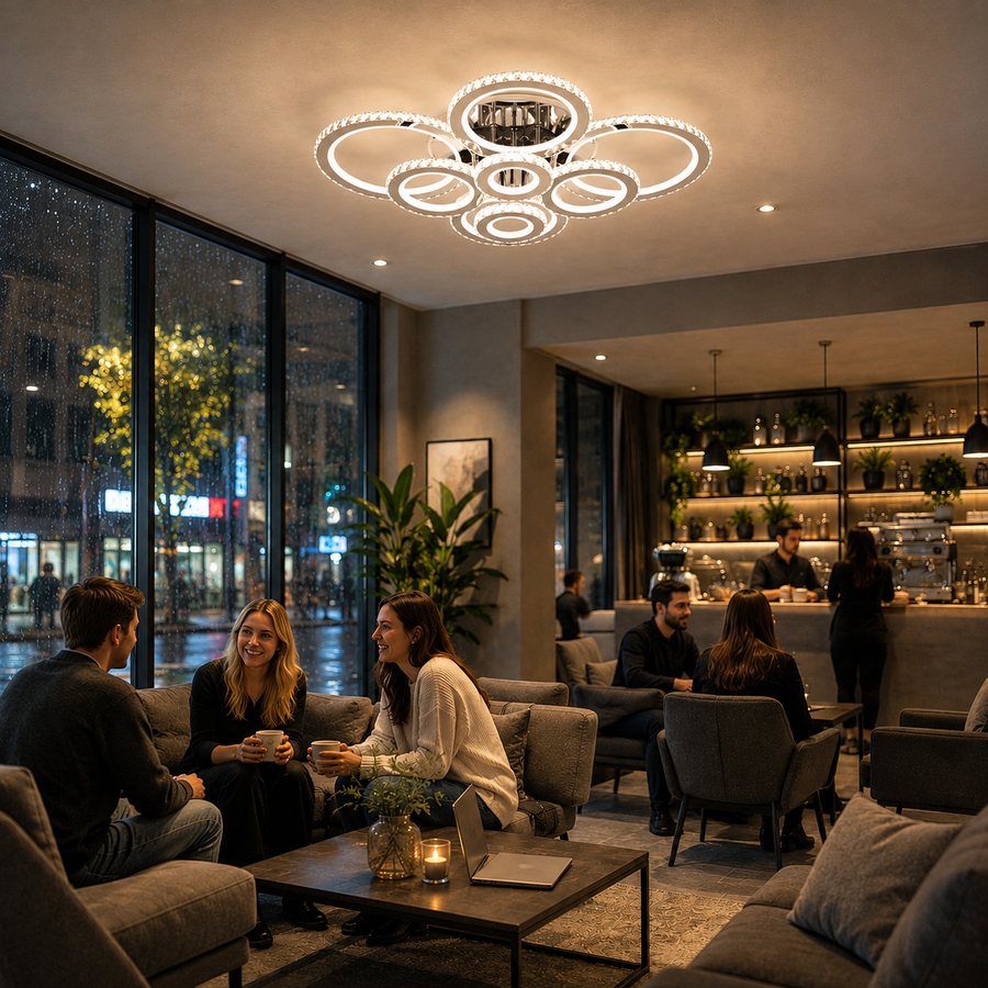 LED csillár távirányítóval és kristály NOVA ROTONDA RGB, 8 kör, hideg/meleg/semleges fény, szabályozható, fényes króm