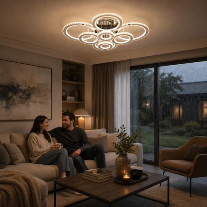 LED csillár távirányítóval és kristály NOVA ROTONDA RGB, 8 kör, hideg/meleg/semleges fény, szabályozható, fényes króm