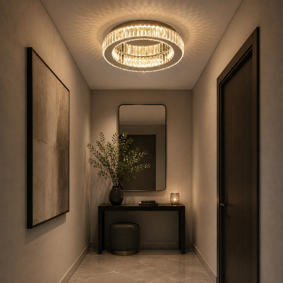 LED csillár távirányítóval és kristály VERTUS 18W, 30cm, Kör, Hideg/Meleg/Semleges fény, Szabályozható, Króm