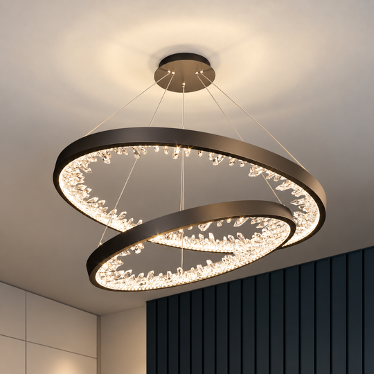 Függesztett LED-csillár távirányítóval, 73W, 2 kör, 60 cm, hideg/meleg/semleges fény, szabályozható, fekete, állítható magasságú