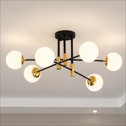 Kerek fehér gömbcsillár, PENTHOUSE Lounge, 6xE27, fekete / arany, fém