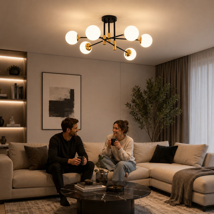Kerek fehér gömbcsillár, PENTHOUSE Lounge, 6xE27, fekete / arany, fém