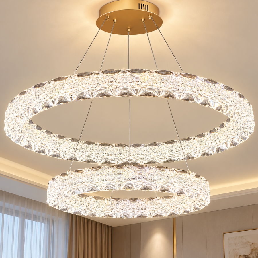 SHELP Crystal LED csillár távirányítóval, 64W, meleg/semleges/hideg fény, Φ60 cm, állítható magasságú, fém és kristály, arany
