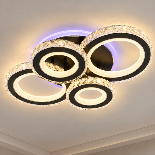 LED csillár távirányítóval és kristály NOVA ROTONDA RGB 82W, 4 kör, hideg/meleg/semleges fény, szabályozható, fekete
