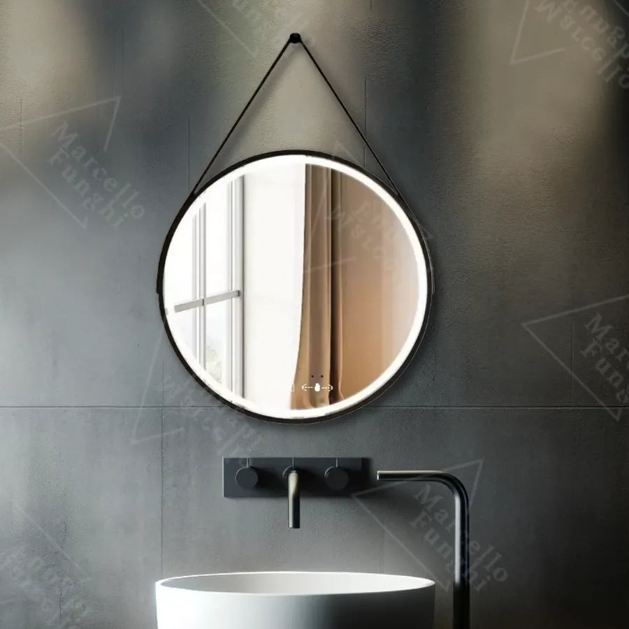 Kerek LED -tükör, 50 cm, Celeste Majes Noir Noir Motionglow Marcello, letiltási rendszer, óra és hőmérő, Davable
