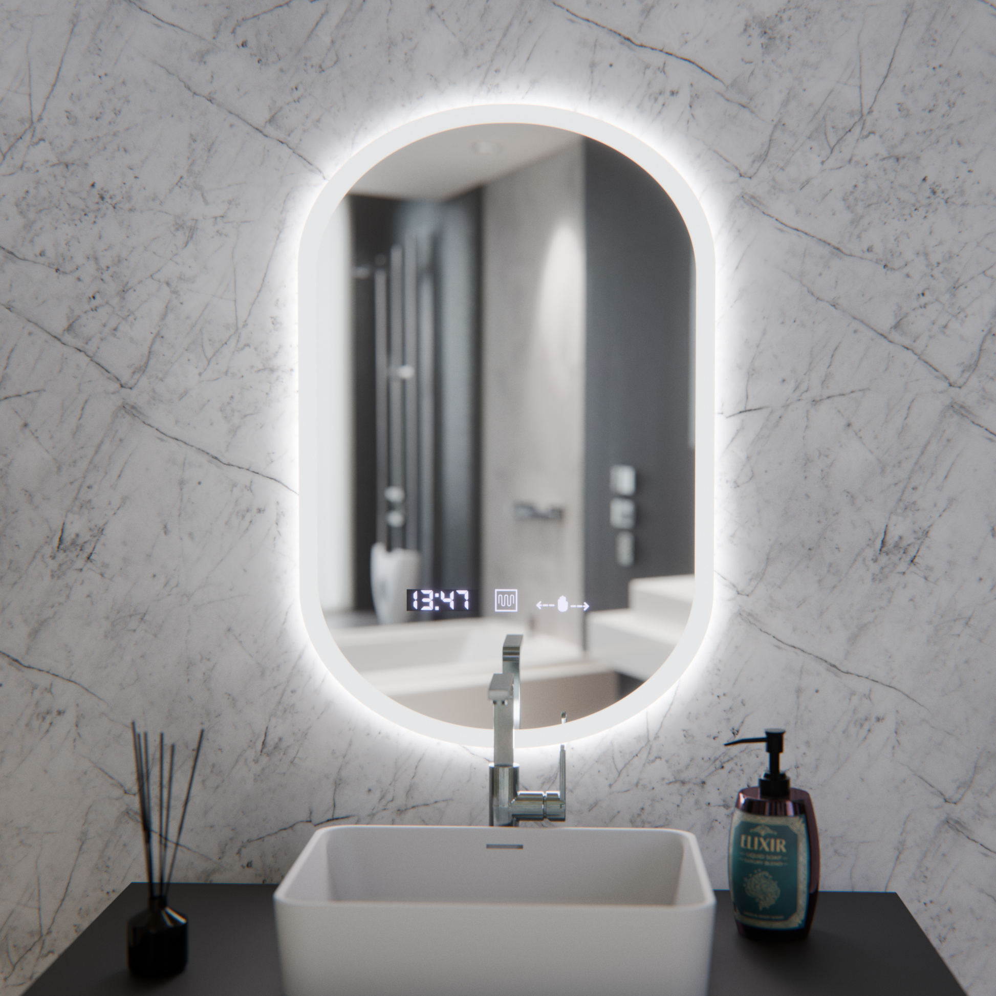 Ovális LED-es tükör, 50x80 cm, Lucia Marcello érzékelő, páramentesítő rendszer, óra és hőmérő, Dimabila Marcello tükrök alapértelmezett cím Alessandro Design