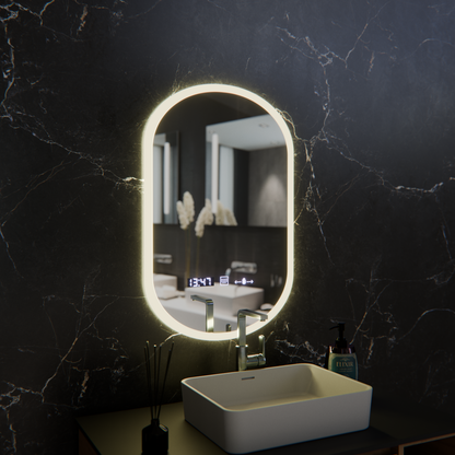 Ovális LED-es tükör, 50x80 cm, Lucia Marcello érzékelő, páramentesítő rendszer, óra és hőmérő, Dimabila Marcello tükrök alapértelmezett cím Alessandro Design