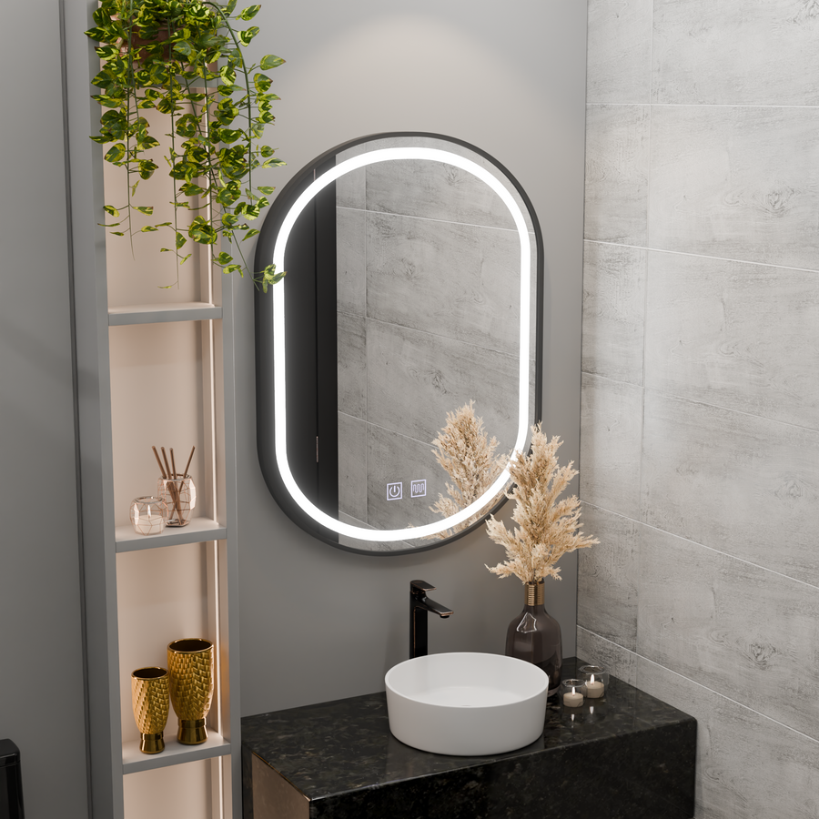 LED ovális tükör 60x80cm VETRO Touch szabályozható páramentesítő rendszer, fekete keret Korman Mirrors E Alapértelmezett cím Alessandro Design