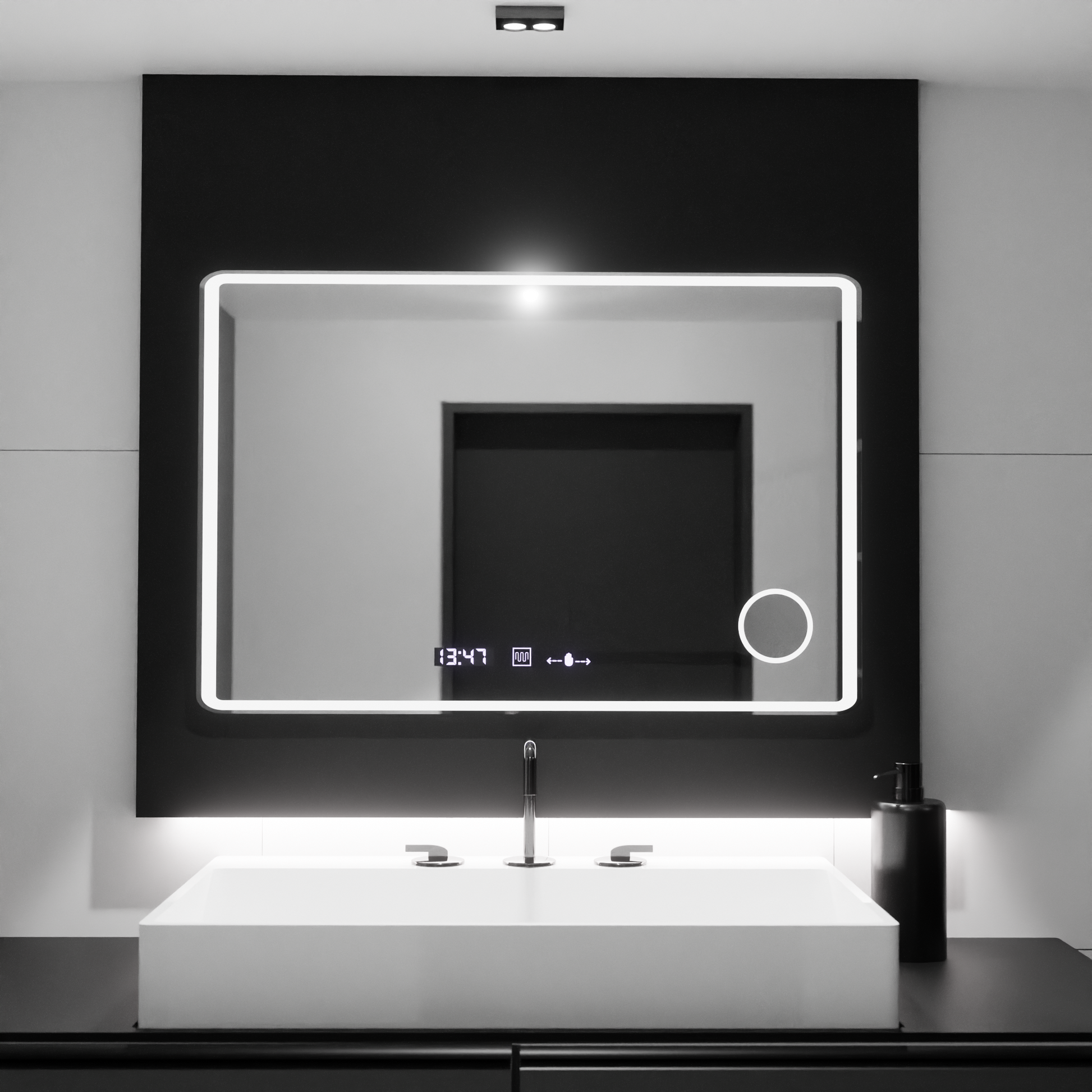 Négyszögletű LED-es tükör 120x80 Aura Riflesso Puro MotionGlow Marcello, Páramentesítő rendszer, Hőmérő és Óra, Mérhető tükrök Marcello Alapértelmezett cím Alessandro Design