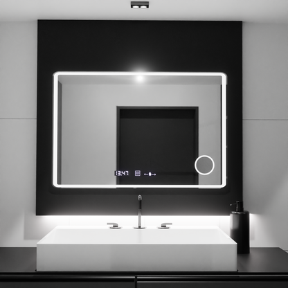 Négyszögletű LED-es tükör 120x80 Aura Riflesso Puro MotionGlow Marcello, Páramentesítő rendszer, Hőmérő és Óra, Mérhető tükrök Marcello Alapértelmezett cím Alessandro Design