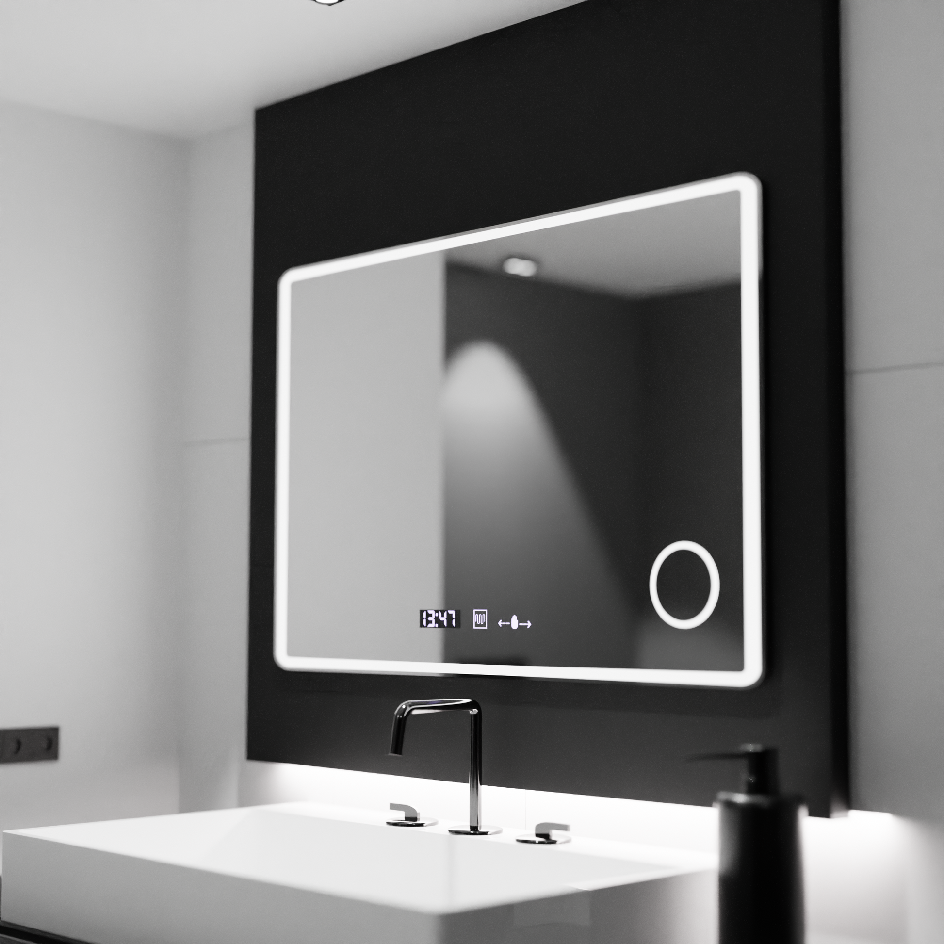Négyszögletű LED-es tükör 120x80 Aura Riflesso Puro MotionGlow Marcello, Páramentesítő rendszer, Hőmérő és Óra, Mérhető tükrök Marcello Alapértelmezett cím Alessandro Design