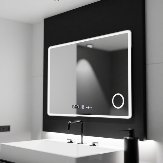 Négyszögletű LED-es tükör 120x80 Aura Riflesso Puro MotionGlow Marcello, Páramentesítő rendszer, Hőmérő és Óra, Mérhető tükrök Marcello Alapértelmezett cím Alessandro Design