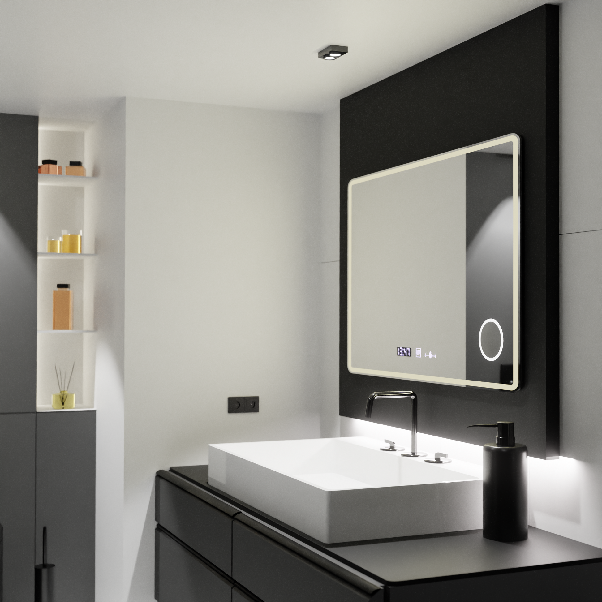 Négyszögletű LED-es tükör 120x80 Aura Riflesso Puro MotionGlow Marcello, Páramentesítő rendszer, Hőmérő és Óra, Mérhető tükrök Marcello Alapértelmezett cím Alessandro Design