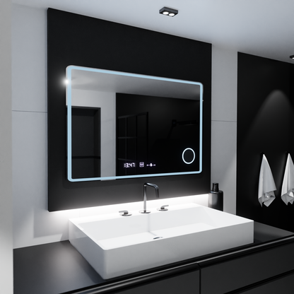 Négyszögletű LED-es tükör 120x80 Aura Riflesso Puro MotionGlow Marcello, Páramentesítő rendszer, Hőmérő és Óra, Mérhető tükrök Marcello Alapértelmezett cím Alessandro Design