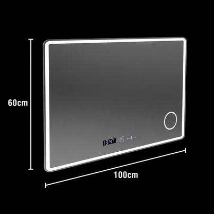 Négyszögletű LED tükör 100x60 Aura Riflesso Puro MotionGlow Marcello, Páramentesítő rendszer, Óra, Tompítható